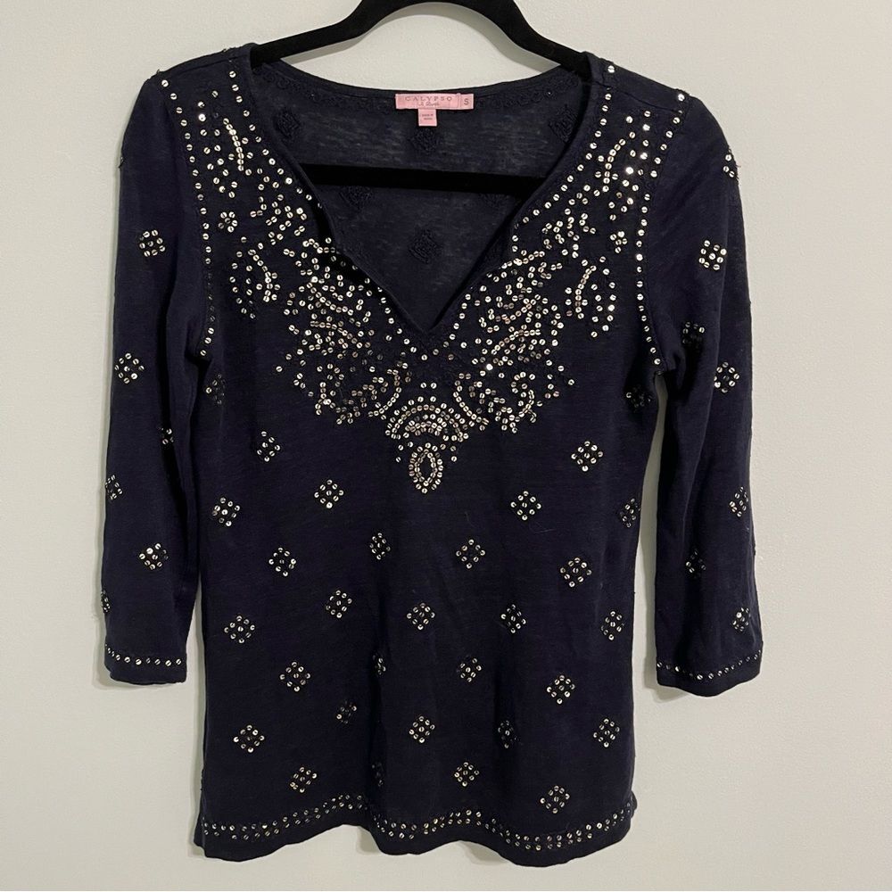 Calypso St. Barth Black Tunic with Silver Sequins. 100% Linen Size S